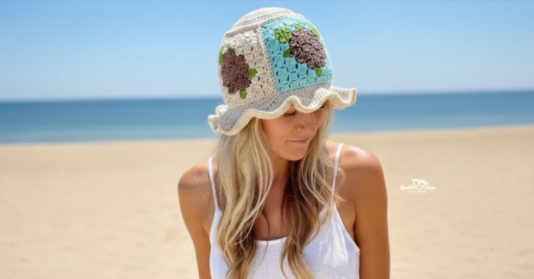 Woman wearing a cream crochet slouchy beanie and mustard sweater, seated in a bright cozy living room with neutral decor and soft natural light.