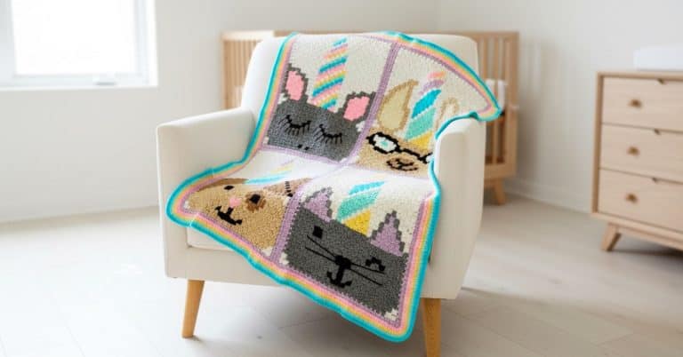 C2C unicorn animal crochet blanket with unicorn and cat face panels, pastel horns, and a rainbow border draped over a cream armchair in a bright nursery.