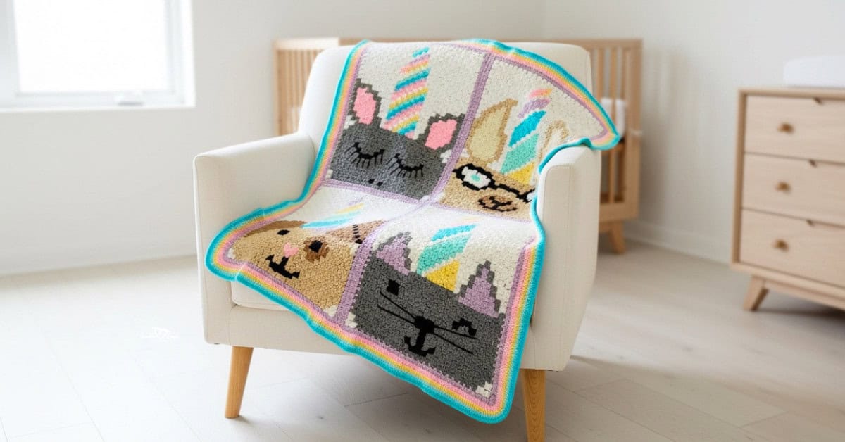 C2C unicorn animal crochet blanket with unicorn and cat face panels, pastel horns, and a rainbow border draped over a cream armchair in a bright nursery.