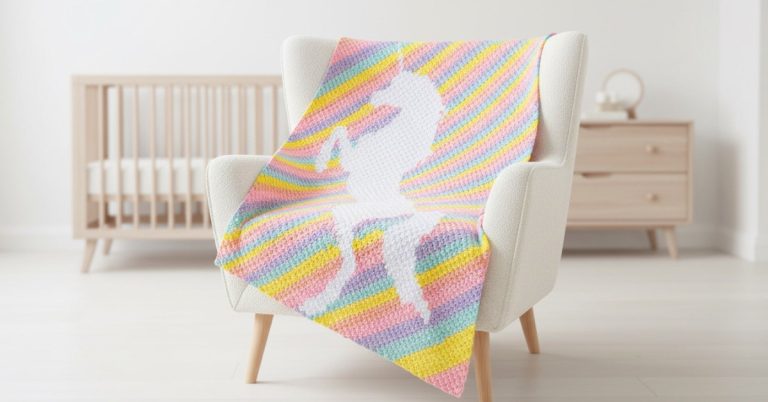 C2C unicorn crochet blanket with pastel rainbow stripes and a white unicorn silhouette draped over a cream armchair in a bright nursery.
