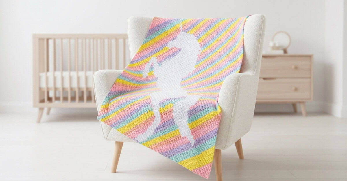 C2C unicorn crochet blanket with pastel rainbow stripes and a white unicorn silhouette draped over a cream armchair in a bright nursery.