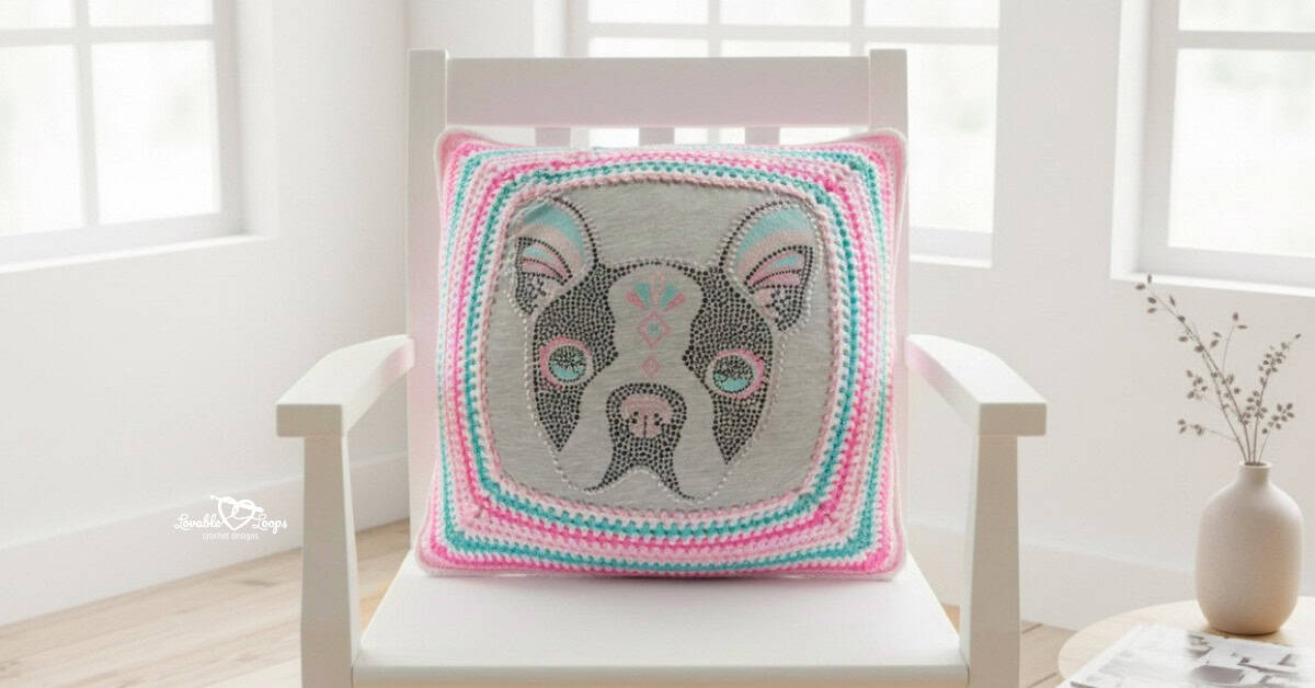 Pastel French bulldog crochet pillow displayed on a white chair in a bright neutral room.
