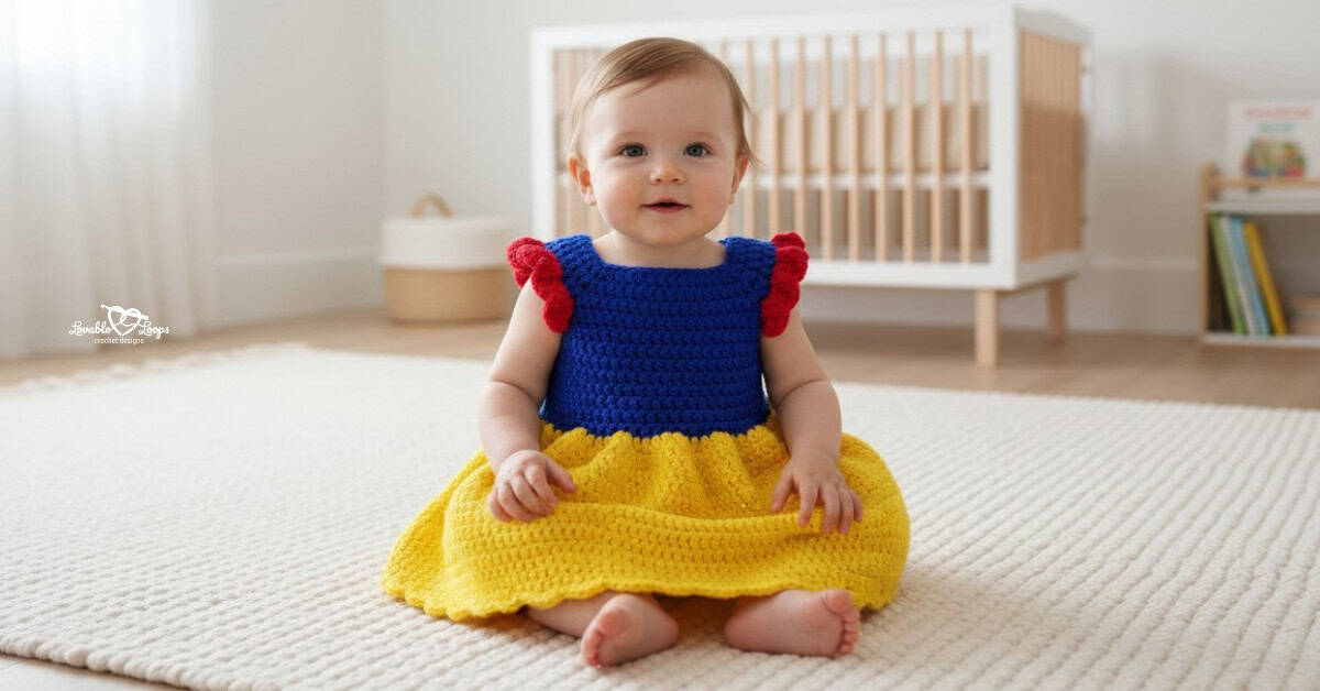 Baby wearing a blue and yellow crochet princess dress with red shoulder ruffles, sitting on a cream rug in a nursery.