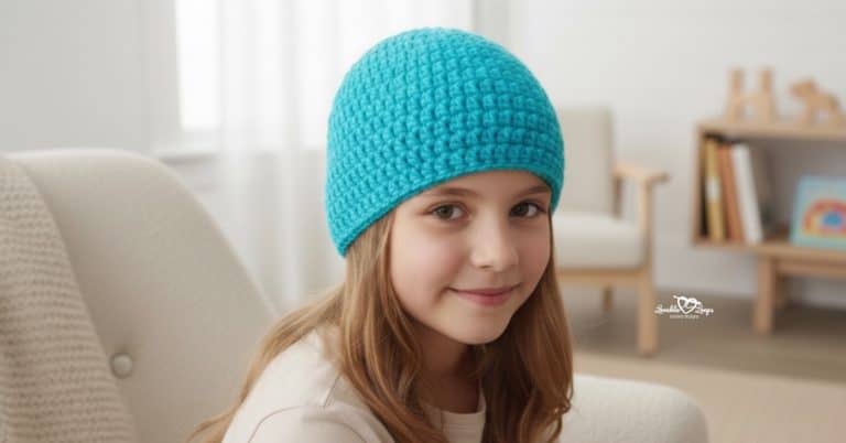 Child wearing a turquoise crochet beanie, photographed in a clean neutral playroom with soft natural light and light wood furniture.