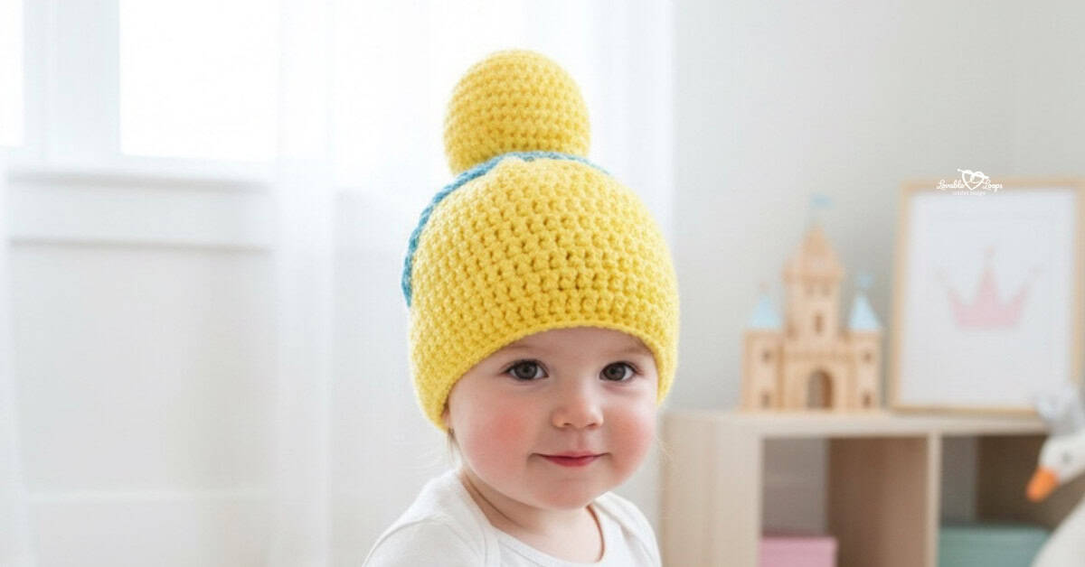 Toddler wearing a yellow cinderella crochet yarn wig with a high bun and blue headband in a bright princess-themed playroom.