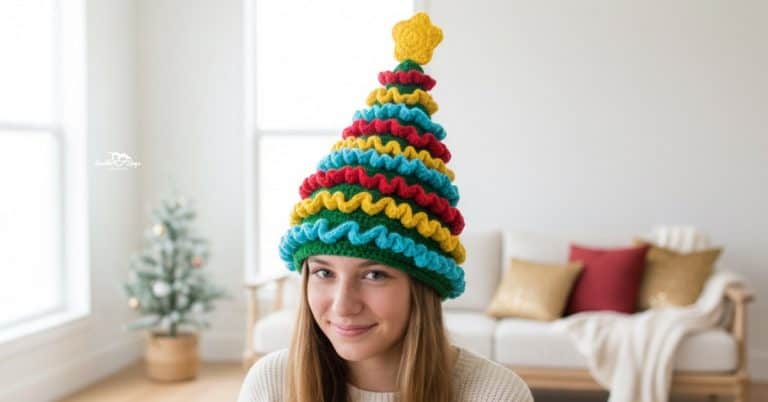 Teenage girl wearing a tall crochet Christmas tree hat with colorful ruffled garland stripes and a yellow star topper in a bright modern living room with subtle holiday decor.