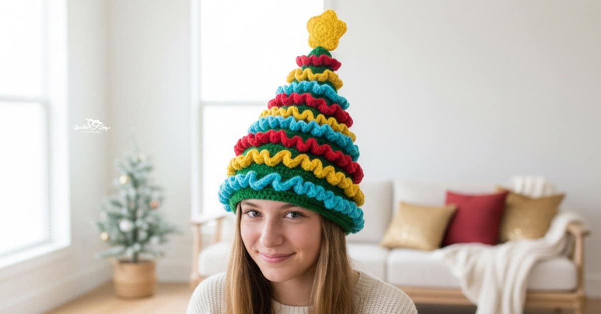 Teenage girl wearing a tall crochet Christmas tree hat with colorful ruffled garland stripes and a yellow star topper in a bright modern living room with subtle holiday decor.