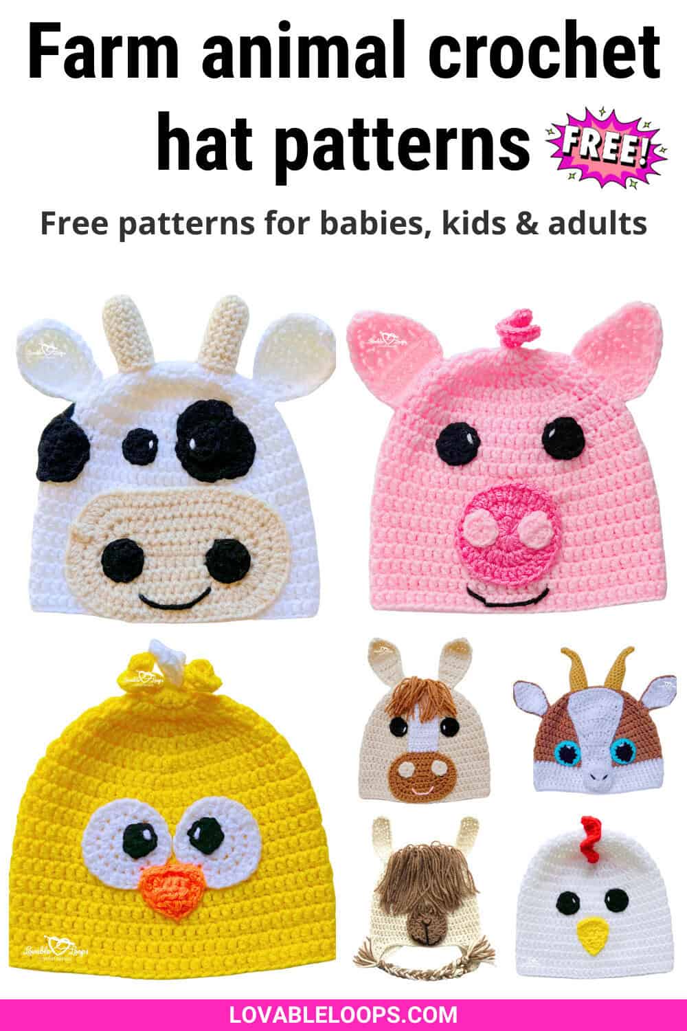 Collage of farm animal crochet hats including cow, pig, chick, horse, goat, llama and chicken from a collection of free farm animal crochet hat patterns for babies, kids and adults.