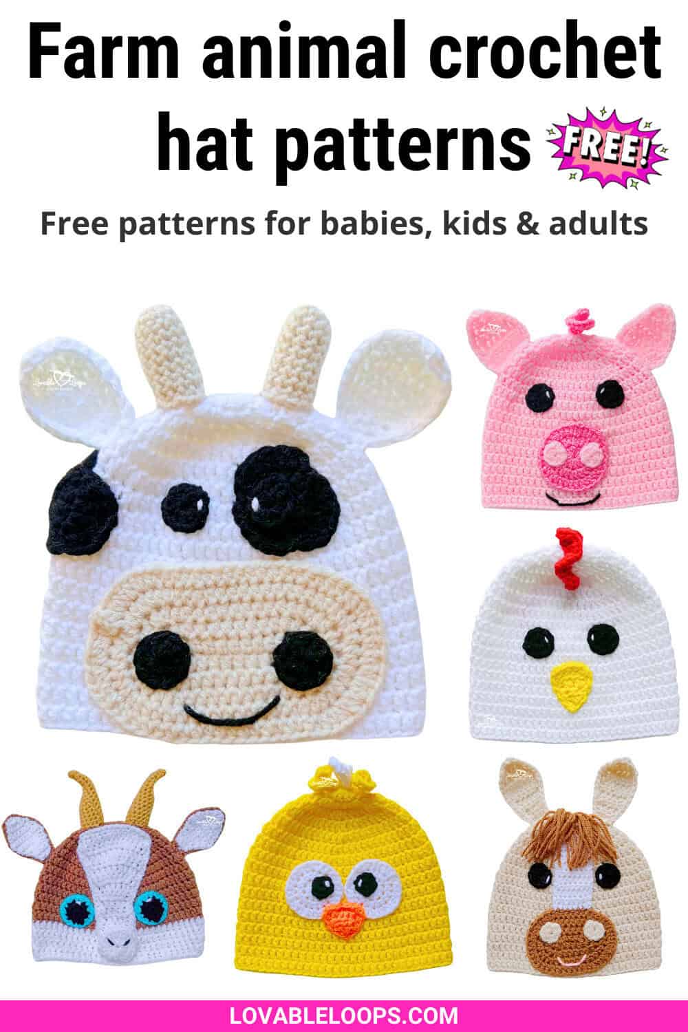 farm animal crochet hat patterns including cow, pig, chicken, chick, goat, and horse hats for babies, kids, and adults