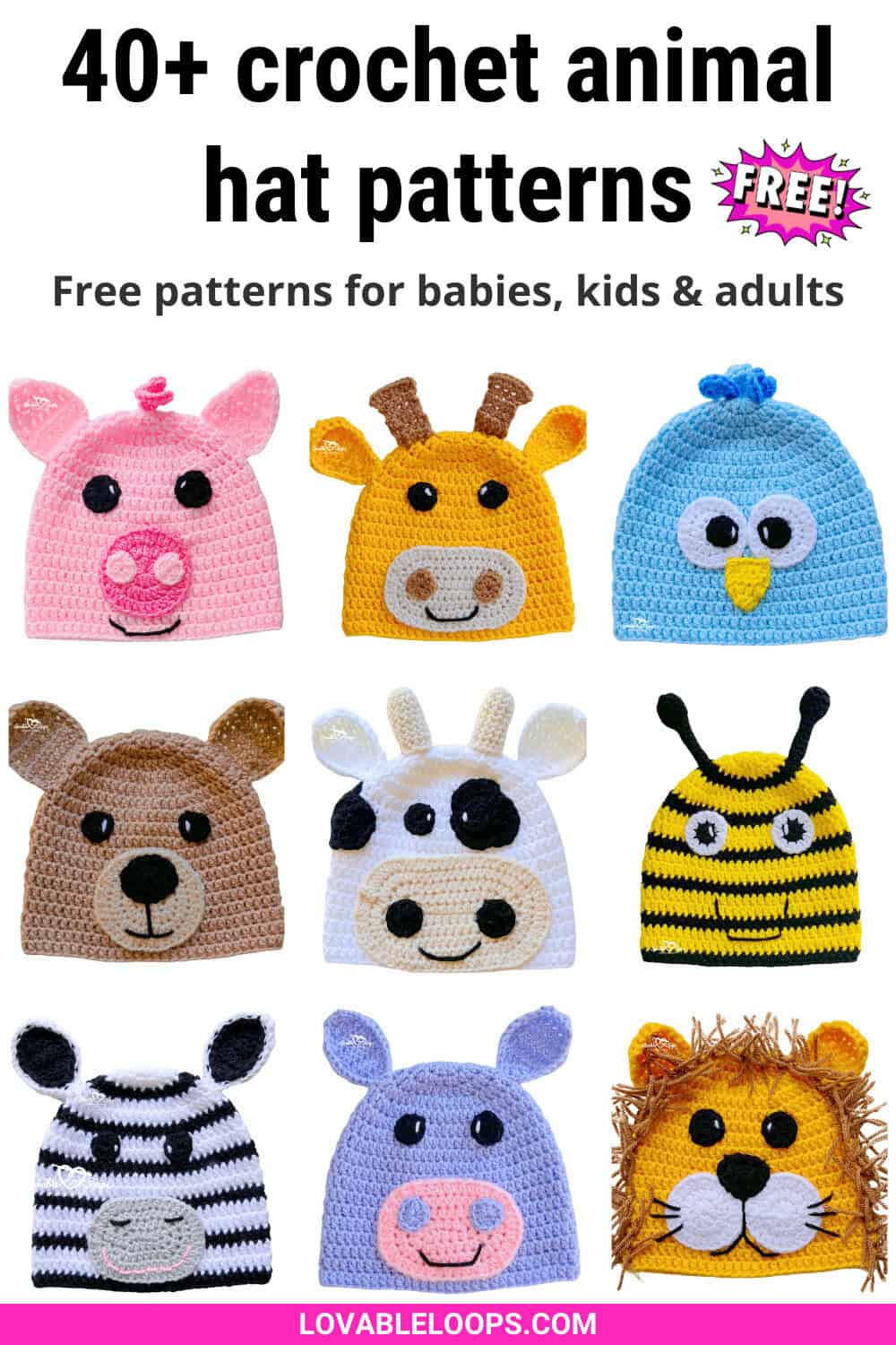 Collage of crochet animal hat patterns including pig, giraffe, owl, bear, cow, bee, zebra, hippo, and lion hats with text &ldquo;40+ crochet animal hat patterns.&rdquo;