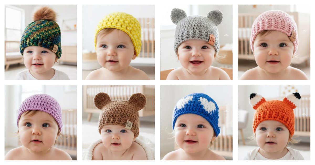 Collage of babies wearing crochet baby hats, including pom-pom beanies, basic baby beanies, bear ear hats, heart hats, and fox hats in soft nursery settings.
