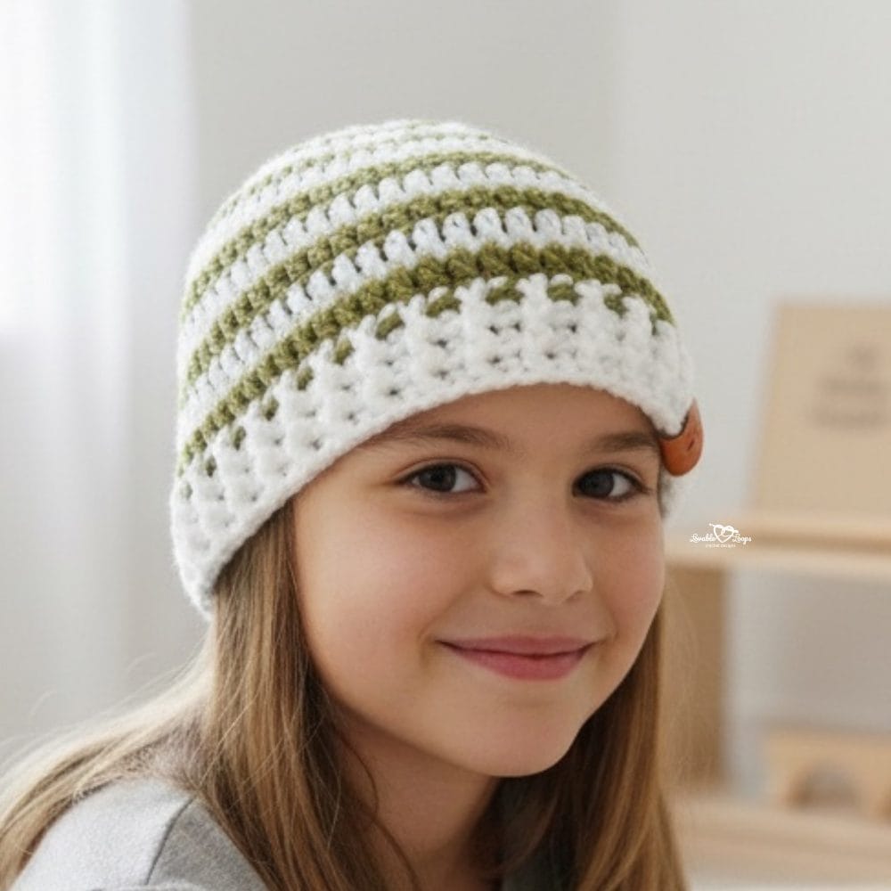 Girl wearing a white crochet beanie with olive green stripes in a bright neutral room.
