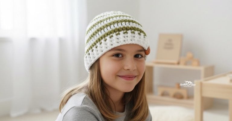 Child wearing a white crochet beanie hat with olive green stripes, photographed in a bright neutral playroom with soft natural light.