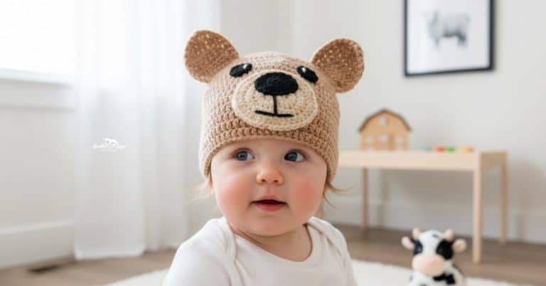 Baby wearing a tan crochet bear hat with round ears and a bear face applique in a soft neutral nursery.