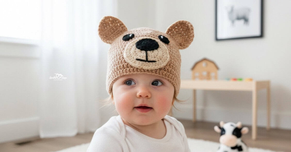 Baby wearing a tan crochet bear hat with round ears and a bear face applique in a soft neutral nursery.