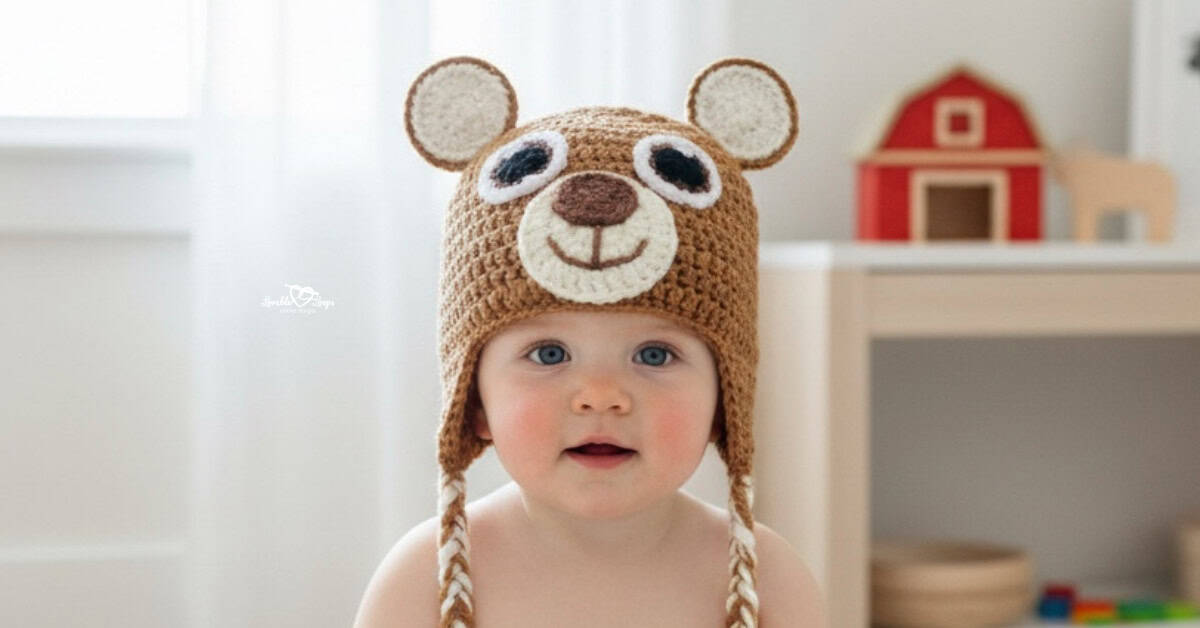 Baby wearing a brown crochet bear hat with round ears, a smiling bear face, and braided earflaps in a bright neutral playroom.