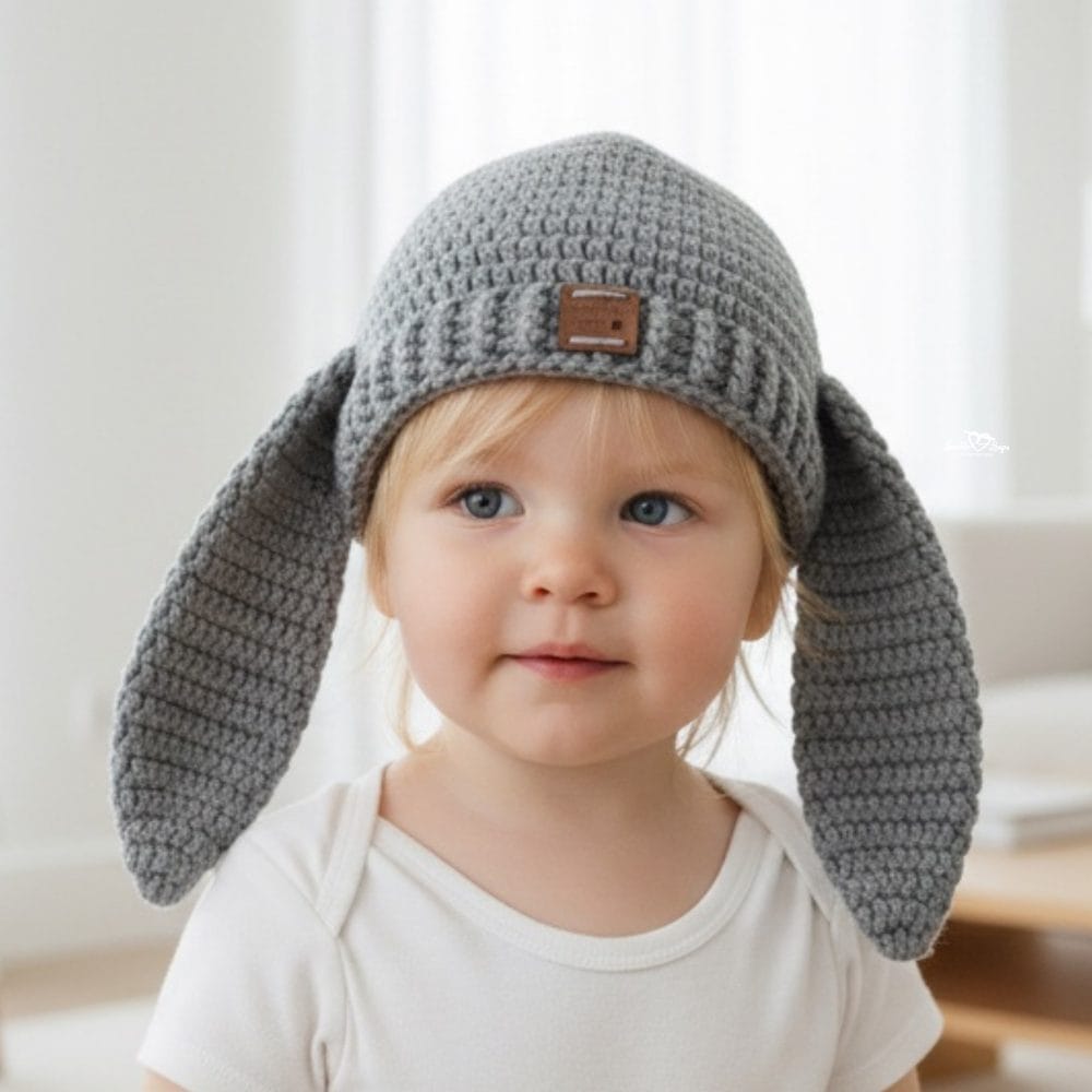 Toddler wearing a gray crochet bunny hat with long floppy ears.