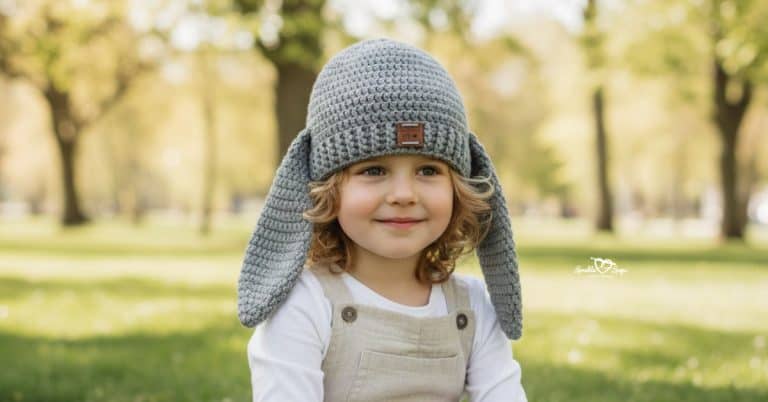 Child wearing a gray crochet bunny hat with long floppy ears in a bright sunny park with softly blurred trees in the background