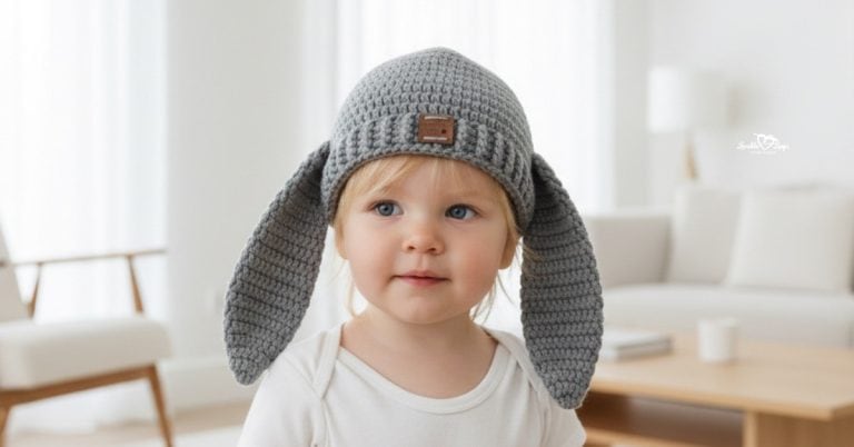 Toddler wearing a gray crochet bunny hat with long floppy ears in a bright neutral living room.