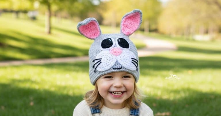 Child wearing a gray crochet bunny hat on a sunny green nature trail with open grass and trees in the background