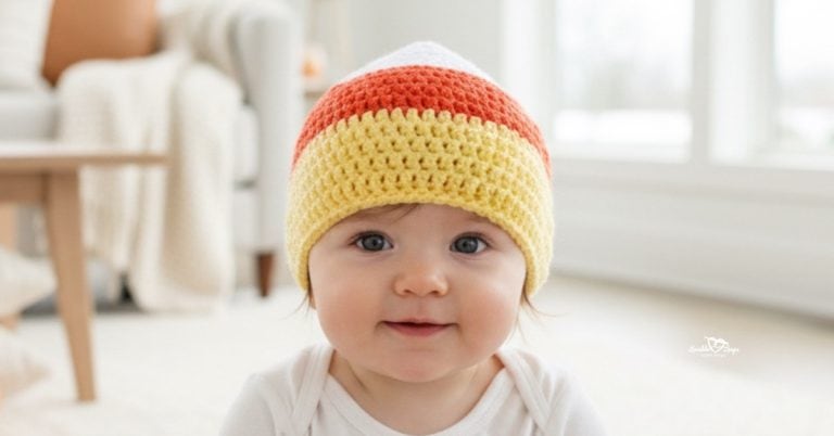 Baby wearing a crochet candy corn hat with white, orange, and yellow stripes in a bright neutral living room.