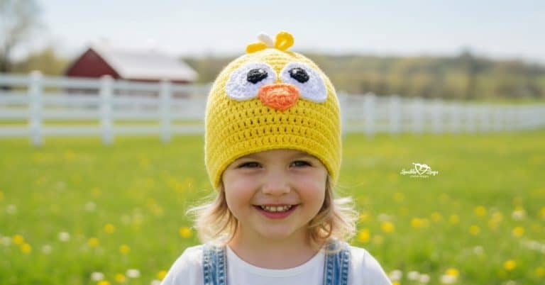 Child wearing a yellow crochet chick hat in a bright green field with a white fence and red barn in the background