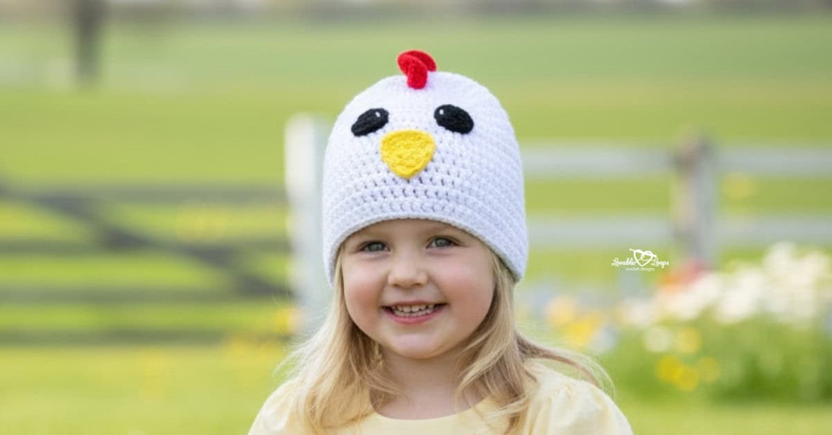 Child wearing a white crochet chicken hat in a sunny farm field with flowers and a fence in the background