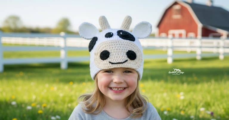 Child wearing a crochet cow hat in a grassy field with a white fence and red barn in the background