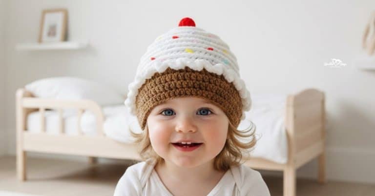 Smiling toddler wearing a crochet cupcake hat with a brown base, white frosting, colorful sprinkles, and a red cherry on top in a bright modern neutral kids bedroom.