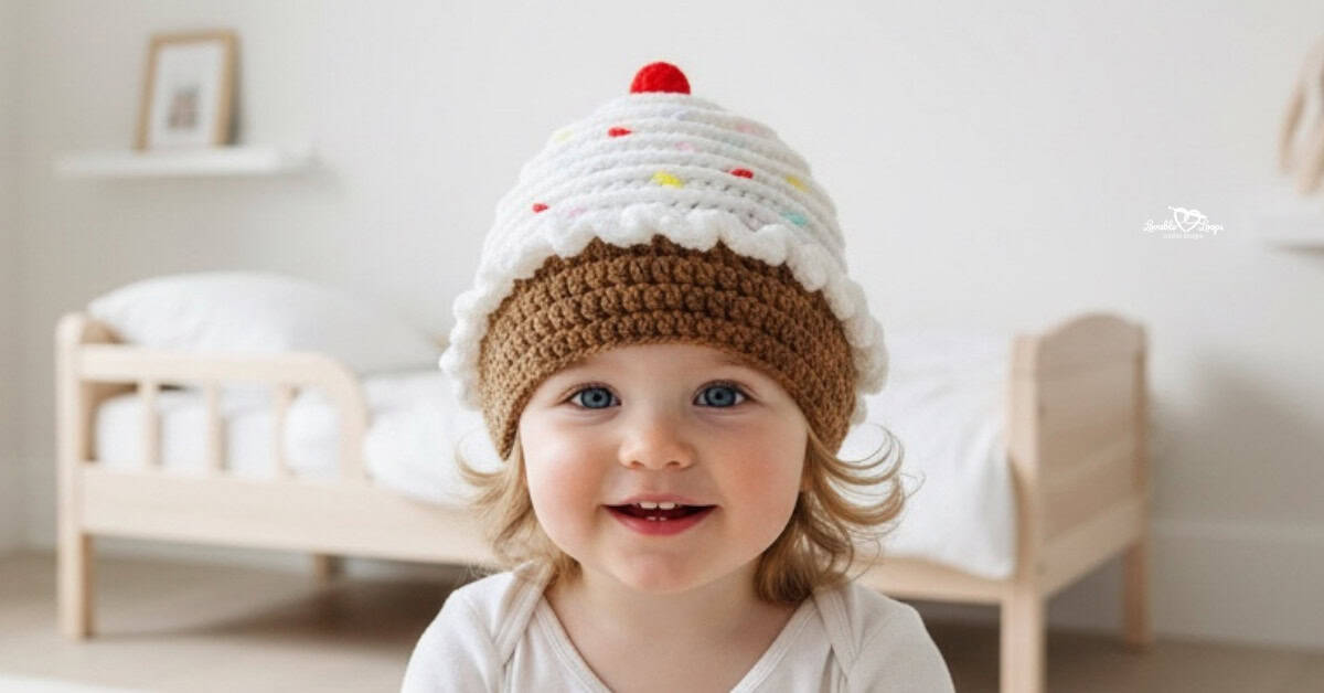 Smiling toddler wearing a crochet cupcake hat with a brown base, white frosting, colorful sprinkles, and a red cherry on top in a bright modern neutral kids bedroom.