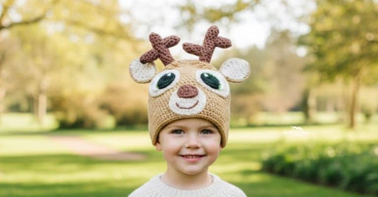 Child wearing a brown crochet deer hat with antlers on a sunny green nature trail with open grass and trees in the background