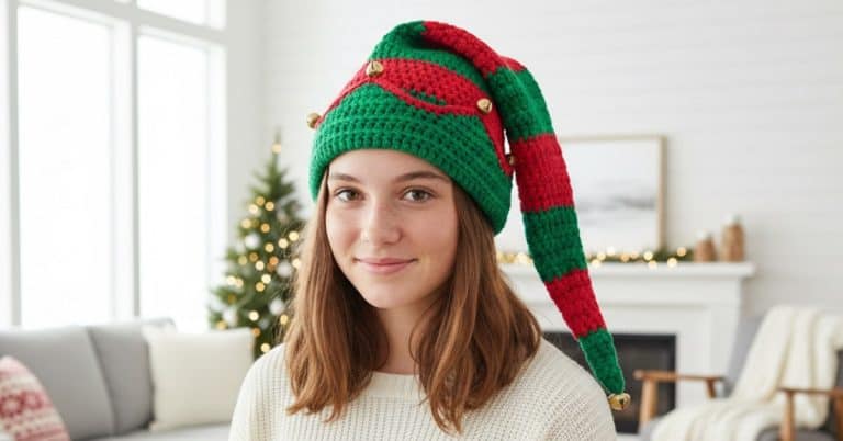 Teenage girl wearing a red and green striped crochet elf hat with jingle bell details in a bright modern living room with a decorated Christmas tree in the background.