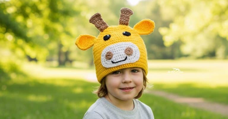 Child wearing a yellow crochet giraffe hat on a sunny green nature trail with trees and a grassy path in the background