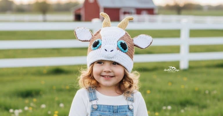 Child wearing a crochet goat hat in a green farm field with a white fence and barn in the background