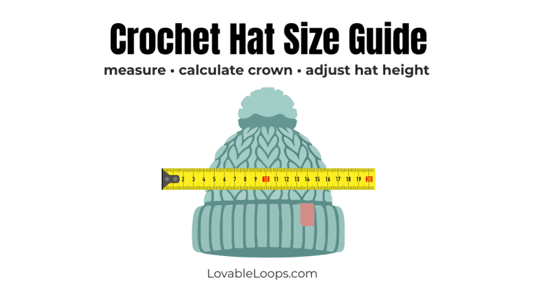 Crochet hat size guide graphic with a teal crochet beanie and measuring tape, showing how to measure head circumference, calculate crown size, and adjust hat height for the perfect fit