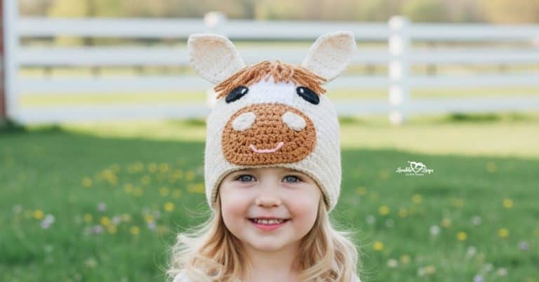 Child wearing a crochet horse hat in a sunny grassy field with a white fence in the background