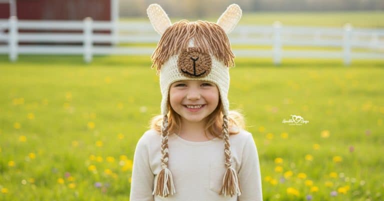Child wearing a crochet llama hat with braids in a sunny green field with a white fence and red barn in the background
