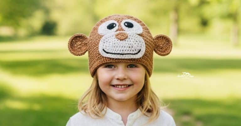 Child wearing a brown crochet monkey hat on a bright grassy nature trail with soft green trees in the background