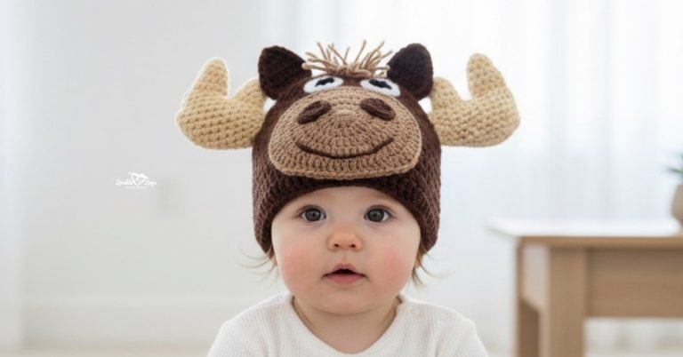 Baby wearing a dark brown crochet moose hat with large tan antlers, ears, a raised snout, and a smiling face in a bright neutral room.