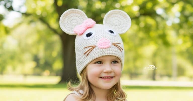 Child wearing a cream crochet mouse hat with a pink bow in a bright sunny park with softly blurred trees in the background