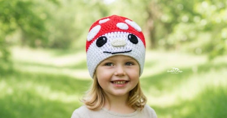 Child wearing a red and white crochet mushroom hat on a bright green nature trail with soft trees in the background