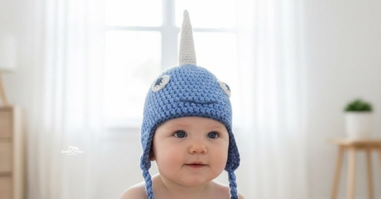 Baby wearing a blue crochet narwhal hat with a tall white horn, side eyes, and braided earflaps in a bright neutral room.