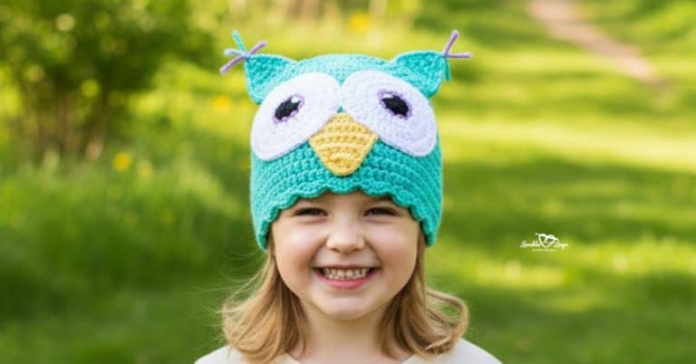 Child wearing a turquoise crochet owl hat on a bright green nature trail with soft trees in the background