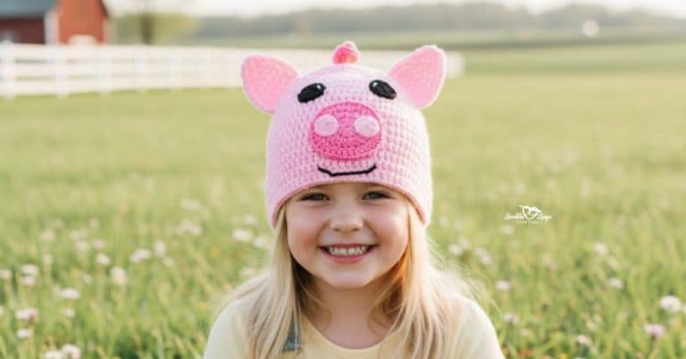 Child wearing a pink crochet pig hat in a bright farm field with soft greenery and a white fence in the background