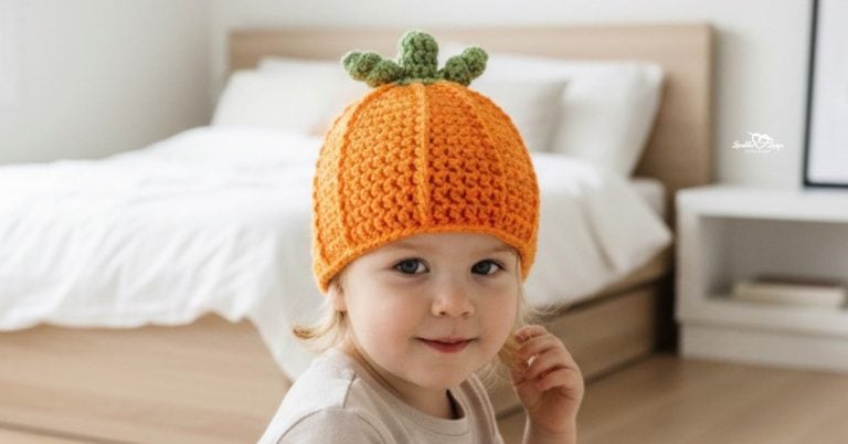 Toddler wearing an orange crochet pumpkin hat with green stem detail in a bright modern neutral kids bedroom.