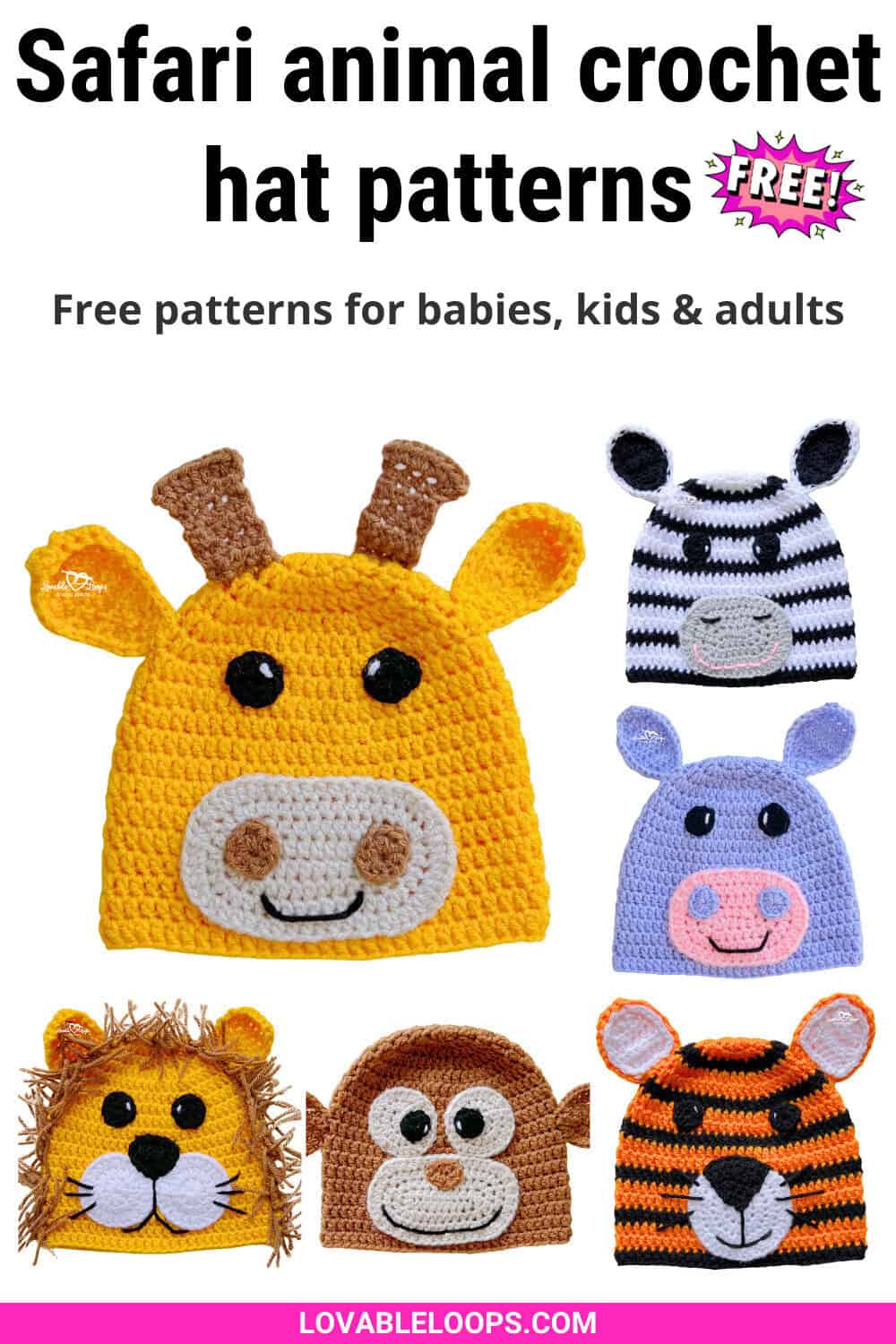 Collection of safari animal crochet hat patterns including giraffe, zebra, hippo, lion, monkey, and tiger hats for babies, kids, and adults