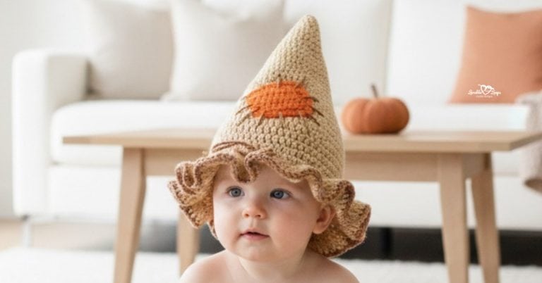 Baby wearing a tan crochet scarecrow hat with a tall pointed top, orange patch, and ruffled brim in a bright neutral room with soft fall decor.