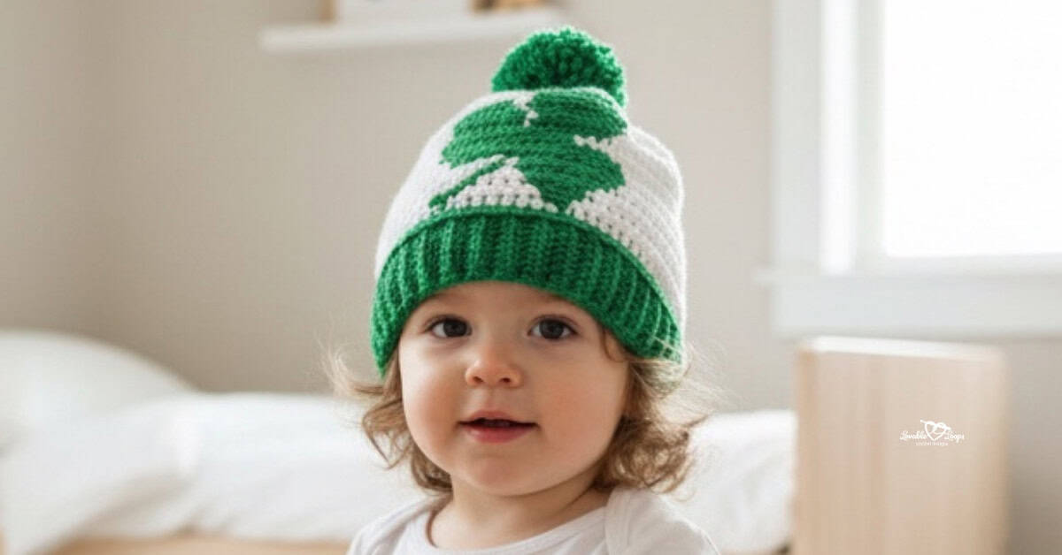 Toddler wearing a white and green crochet shamrock hat with a green pom-pom and ribbed brim in a bright modern neutral kids bedroom.