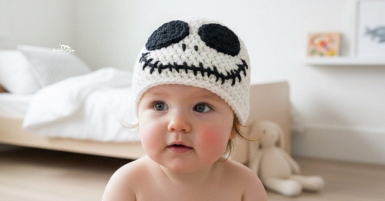 Baby wearing a white crochet skeleton hat with black eye shapes and a stitched black smile in a bright modern neutral kids bedroom.