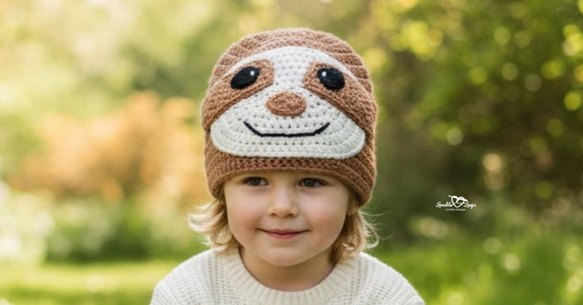Child wearing a brown crochet sloth hat on a bright green nature trail with soft trees in the background